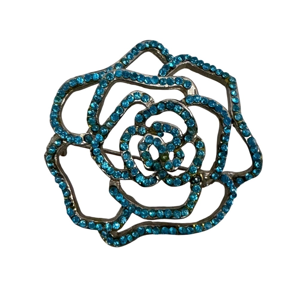 Turquoise‎ Blue Rhinestone Rose Brooch Silver Tone Openwork Floral Pin Y2K Retro